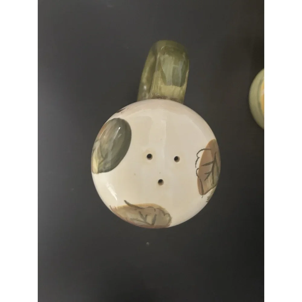 Gibson Fruit Creamer Sugar/Lid Salt and Pepper Shakers Green Handle Farmhouse